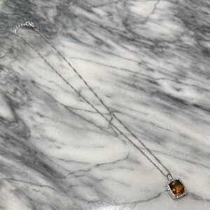 Sterling Silver Necklace with Amber Cushion Pendant and Halo